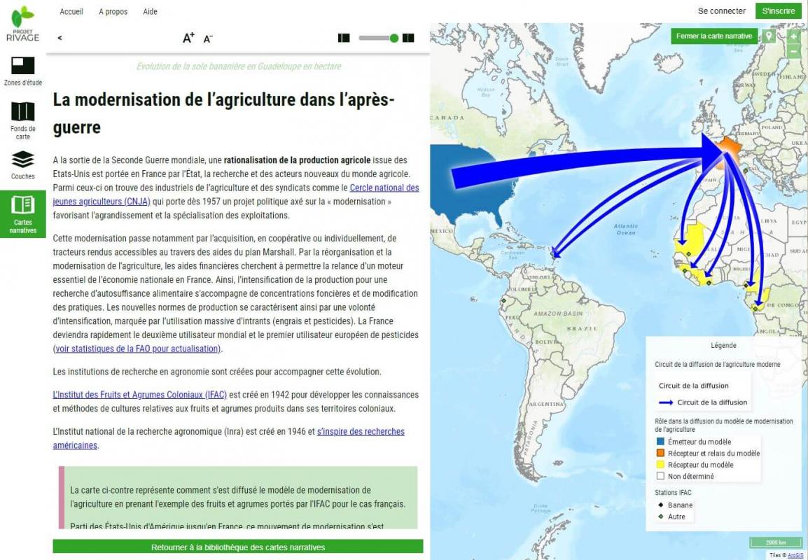 « Le livre 1 - L'utilisation de la chlordécone : l’interface publique de NAMO Géoweb permet une lecture facile des publications, associant narration et cartographie dynamique, ©Tetis»